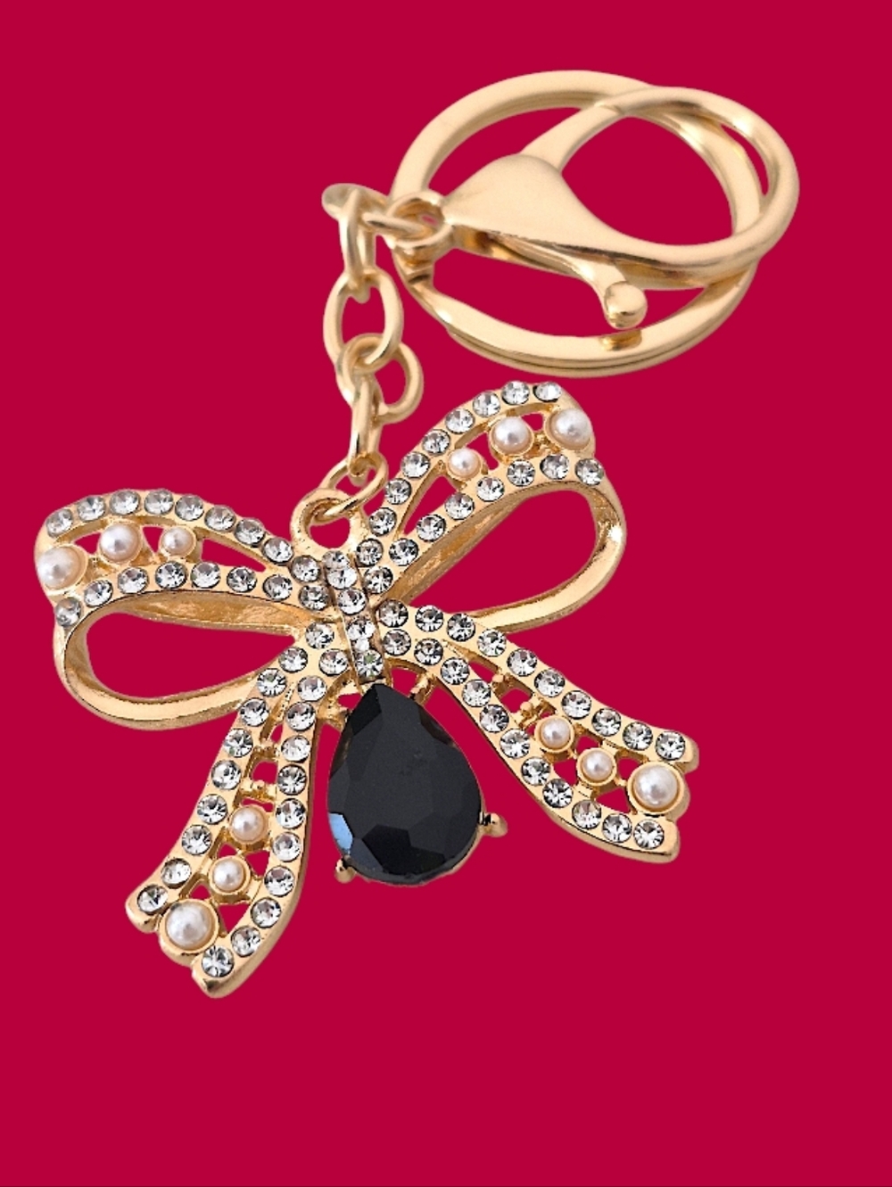 Feminine Gold Bow Bag Charm / Keychain with Black Teardrop Gem